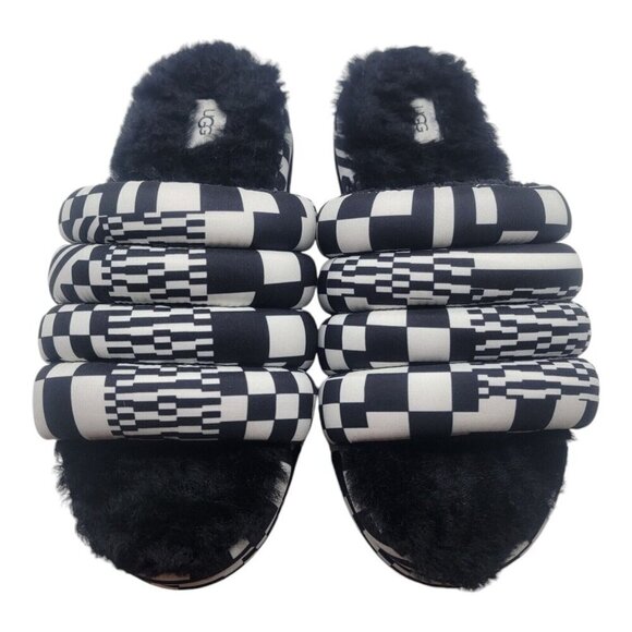 UGG Shoes Womens 9 Multicolor MAXI CHECKS SLIDE Chunky Fur Hippie  1130842 - Picture 3 of 11
